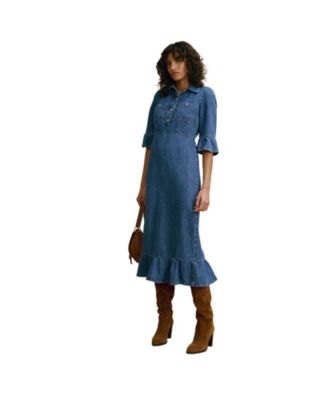  Women's Ruffle Hem Denim Midi Dress