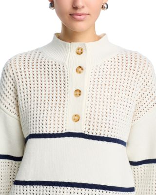 Long Sleeve Half Button Down Mock Neck Stripe Pullover Sweater