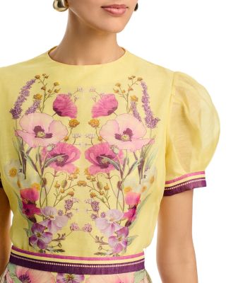 Silken Linen Short Sleeve Placed Floral Print Dress