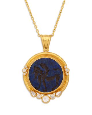 24K Yellow Gold Antiquities Lapis & Diamond Intaglio Pendant Necklace, 16-18"