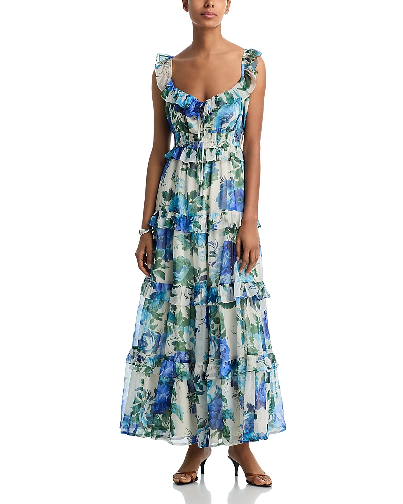 Aqua Floral Leaf Ruffle Smocked Maxi Dress - Exclusive