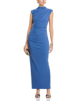 Long Scuba Crepe Ruched Mock Neck Dress 