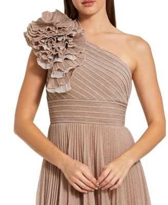  Petite Pleated Metallic One Shoulder Gown with Ruffle