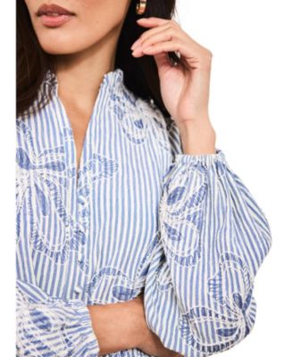  Women's Striped Embroidered Floral Blouse