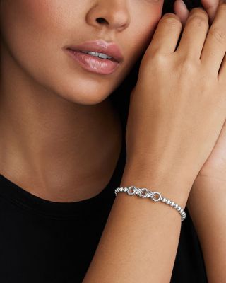 Sterling Silver Signature Caviar Interlocking Rings Beaded Stretch Bracelet
