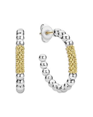 18K Yellow Gold & Sterling Silver Caviar Icon Bar Bead Hoop Earrings