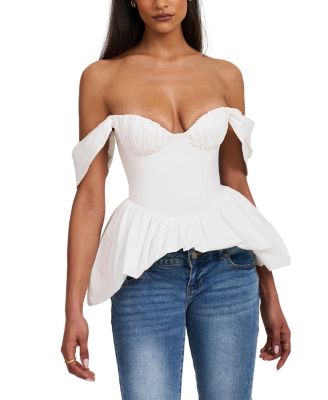  Qistina Off-Shoulder Bubble Hem Peplum Cotton Top