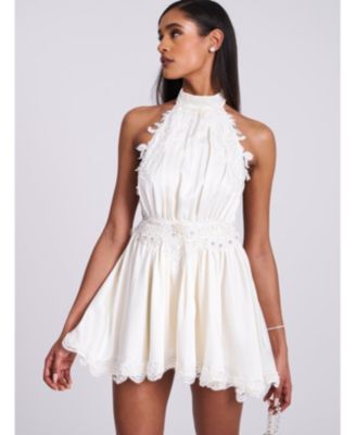  Idalia Beaded Lace Trim Backless Halter Mini Dress