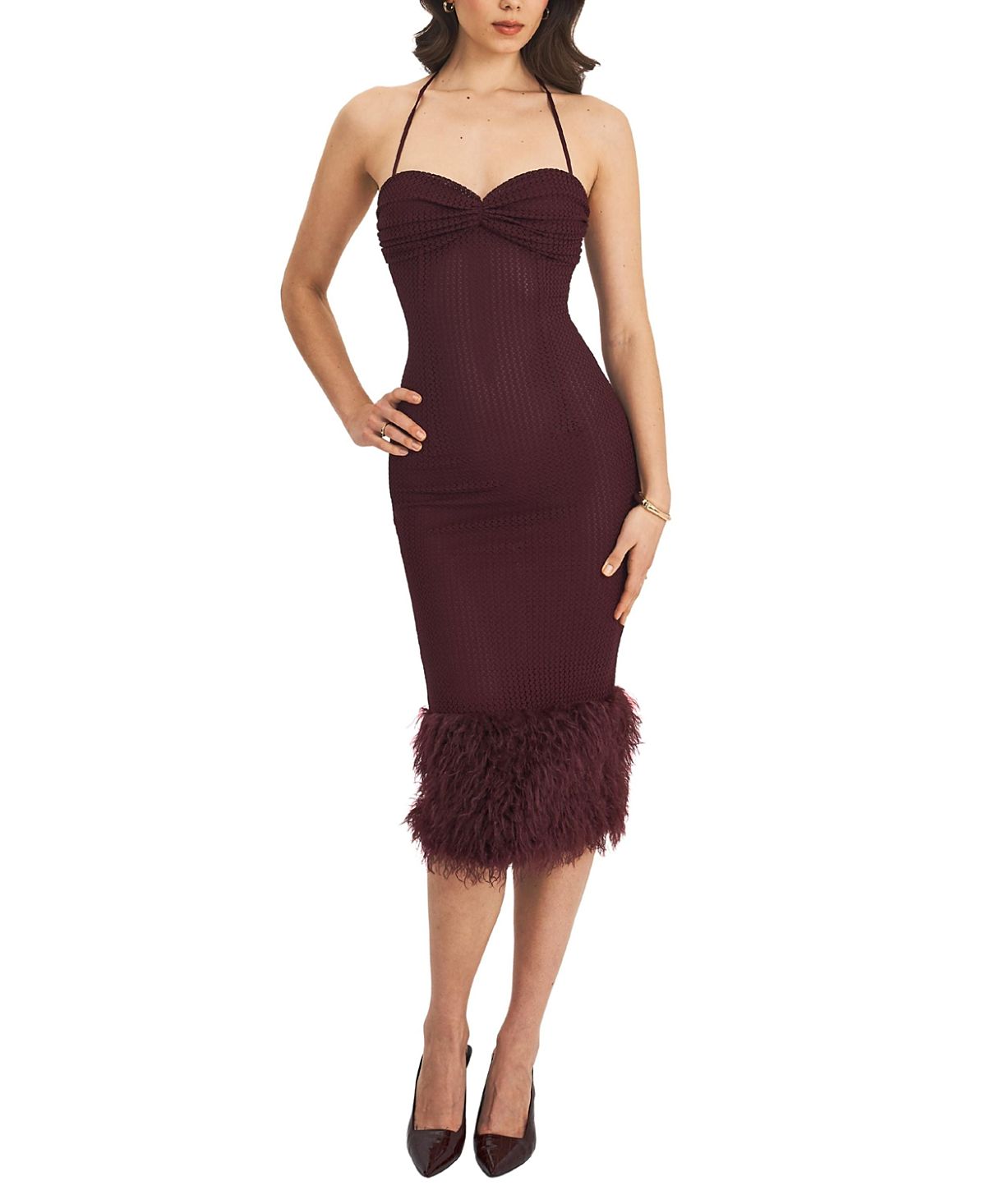 Miss Circle Pluma Halter Faux-Fur Trimmed Midi Dress