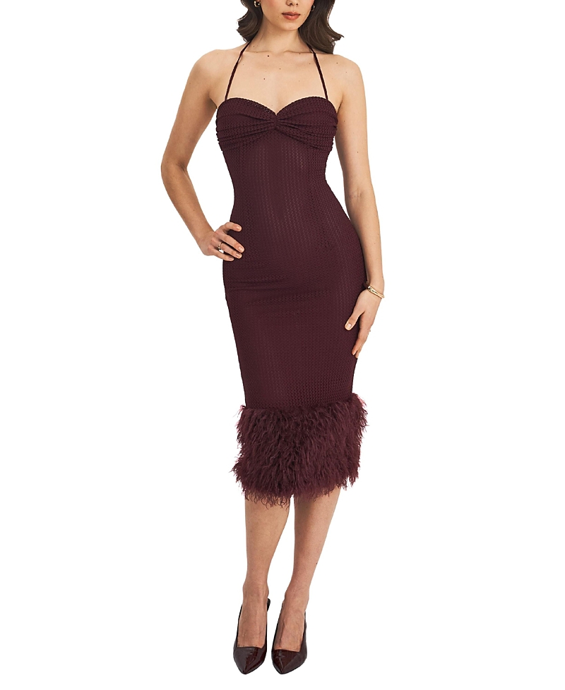 Miss Circle Pluma Halter Faux-Fur Trimmed Midi Dress