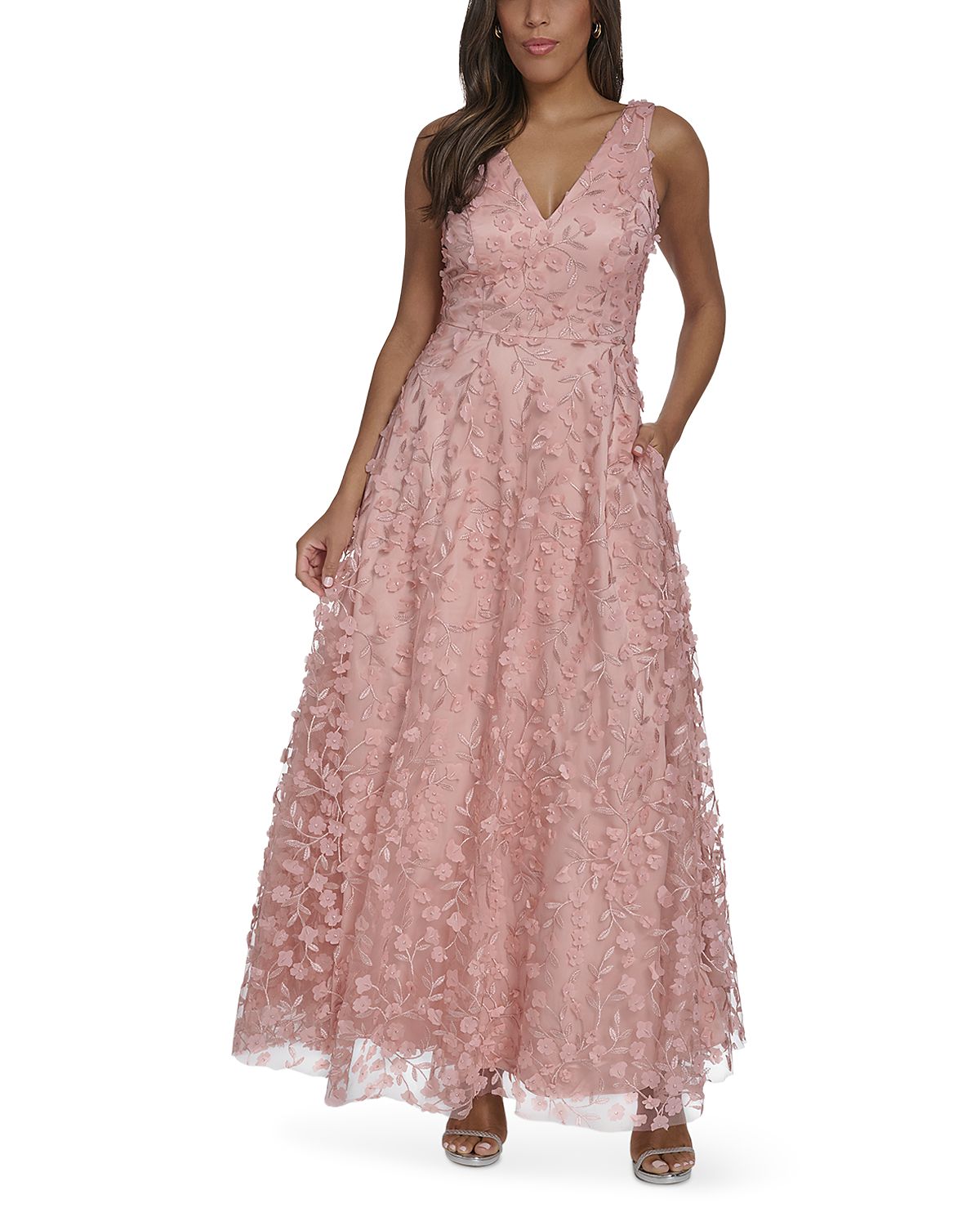 Eliza J Floral Appliqued V Neck Gown