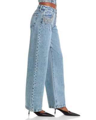 Scottie Crystal Embellished High Rise Wide Leg Jeans in Malibu