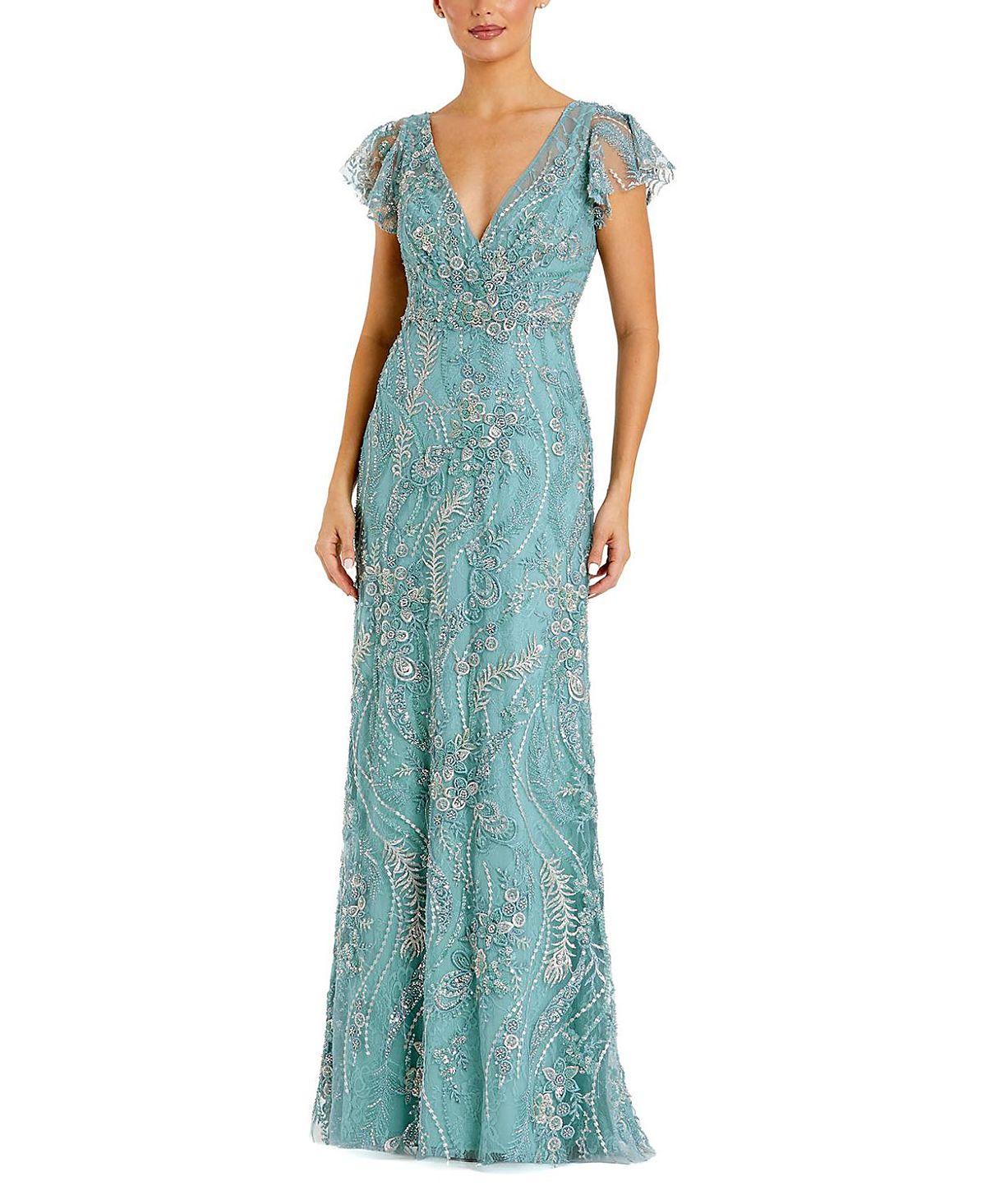 Mac Duggal Petite V-Neck Flutter Sleeve Floral Embroidered Gown