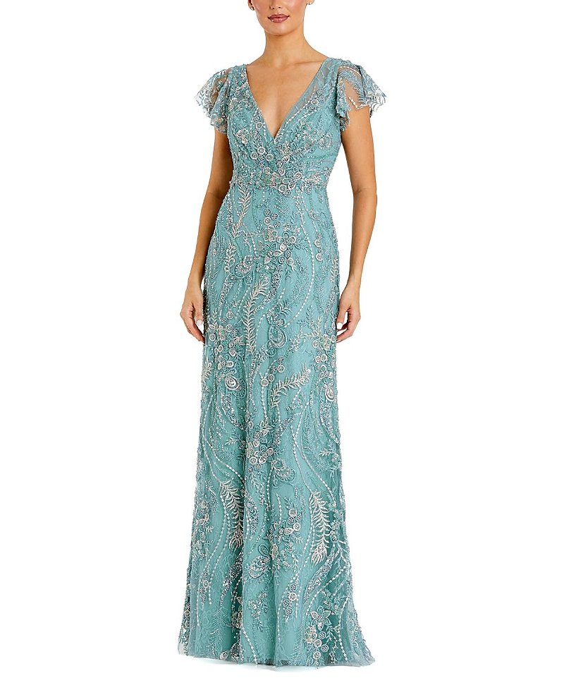 Mac Duggal Petite V-Neck Flutter Sleeve Floral Embroidered Gown