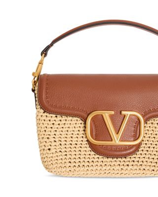 VLogo Leather & Crochet Raffia Shoulder Bag