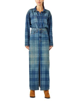 Charlotte Oversized Denim Shirt in Tartan Medium Indigo