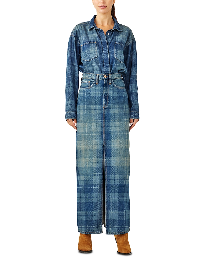 Triarchy Charlotte Oversized Denim Shirt in Tartan Medium Indigo