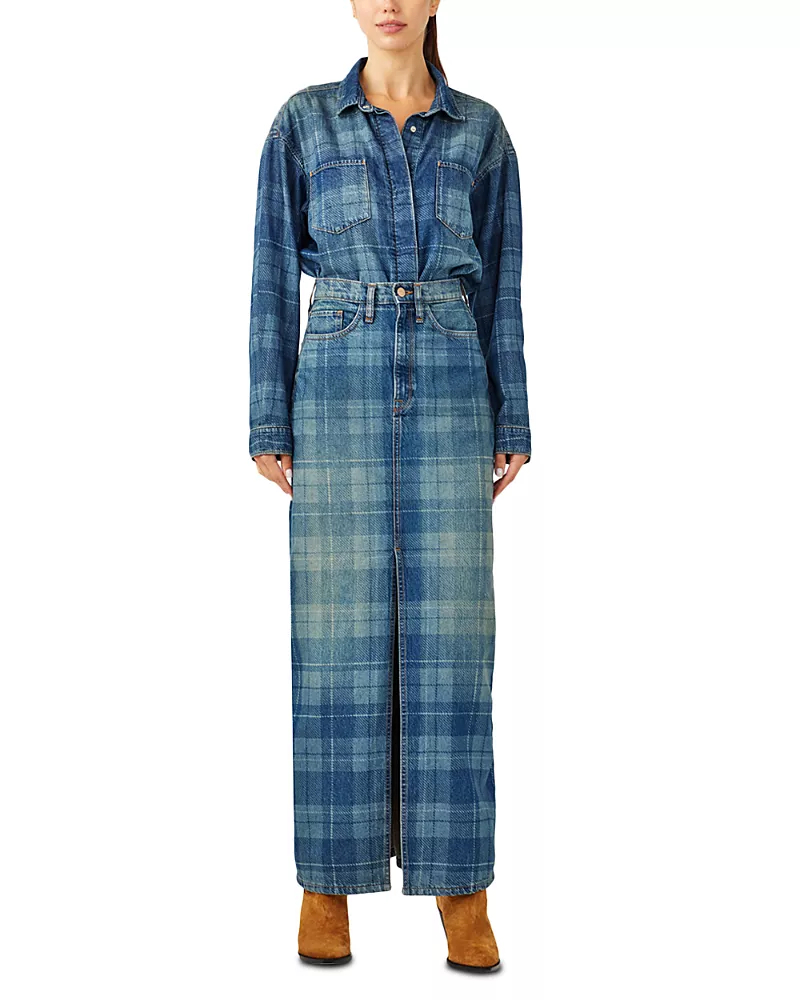 Triarchy Charlotte Oversized Denim Shirt in Tartan Medium Indigo