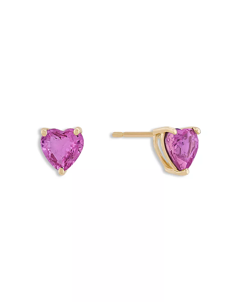 Lana 14K Yellow Gold Pink Sapphire Heart Stud Earrings