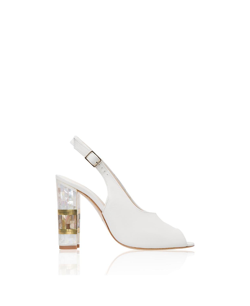 Freya Rose Women's Zara White Slingback Peep Toe Pearl Heel Sandal