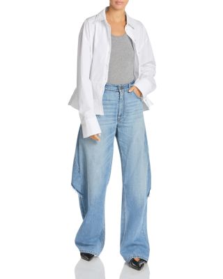 Mid Waist Relaxed Curve Deconstructed Jeans in Mid Blue
