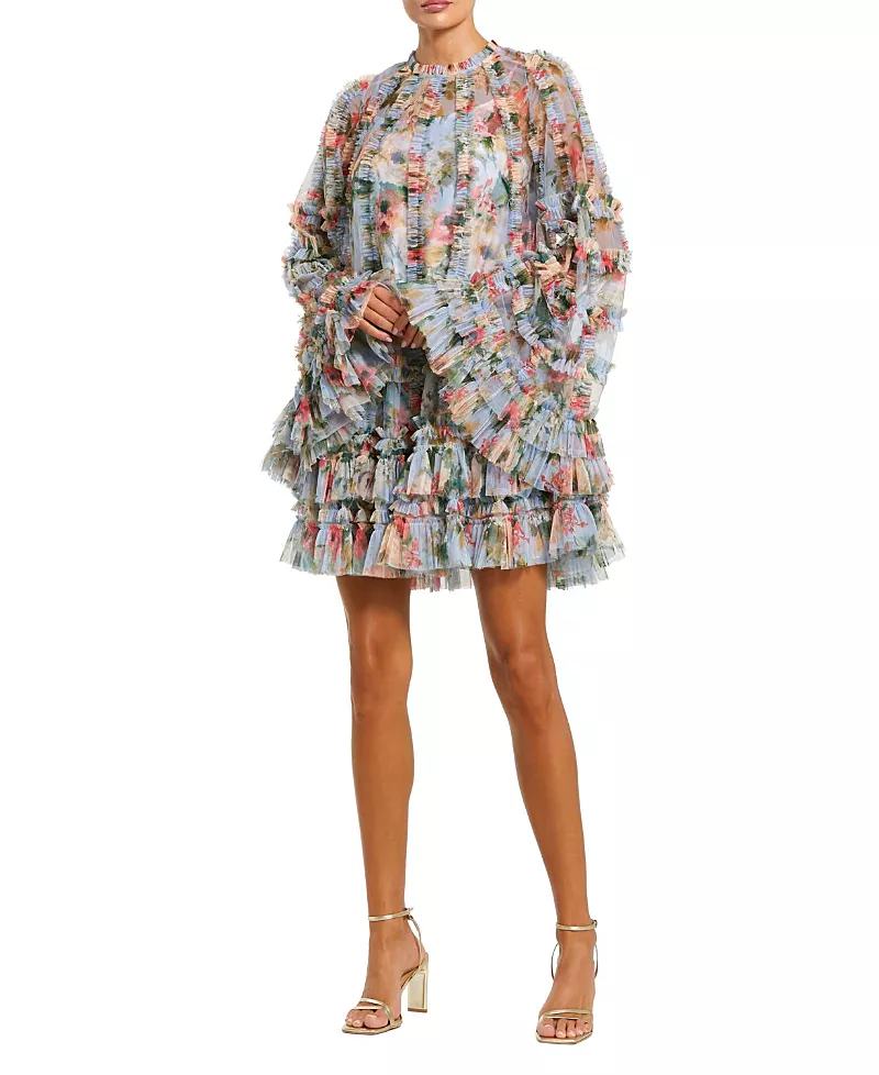 Mac Duggal Printed Mesh Ruffle High Neck Mini Dress