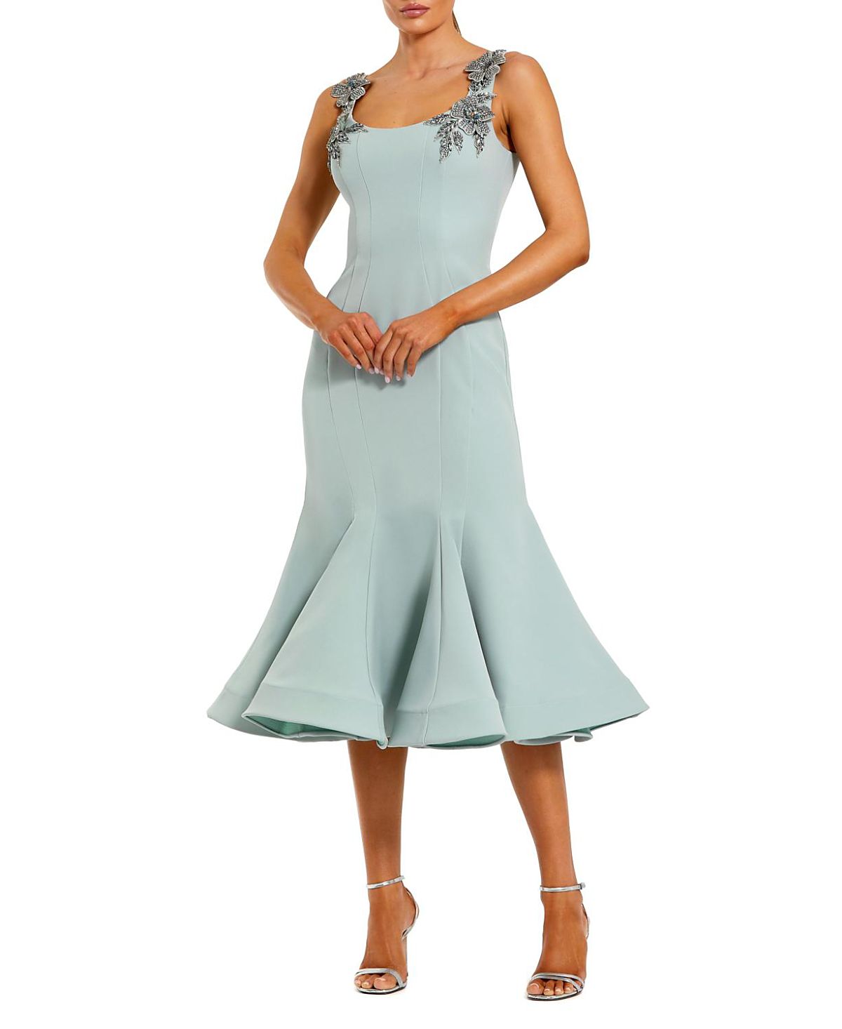 Mac Duggal Sleeveless Midi Dress with Floral Embellishments