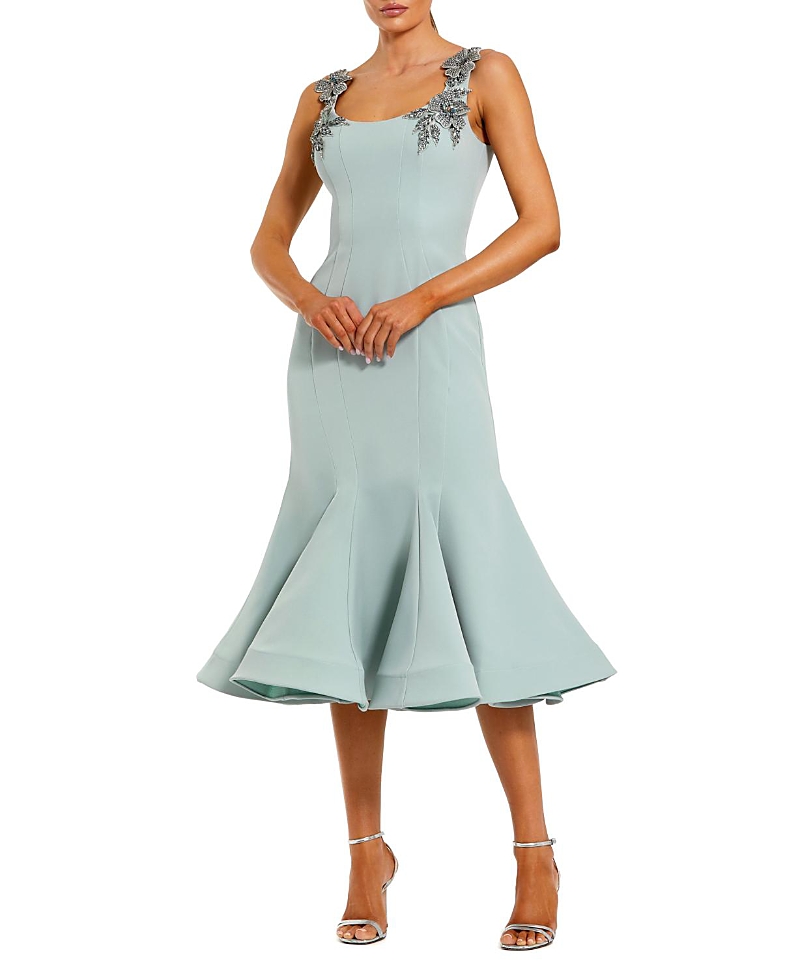 Mac Duggal Sleeveless Midi Dress with Floral Embellishments