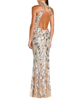 Sequin Halter Column Gown with Open Back