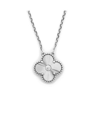  Vintage Alhambra Pendant Necklace Guilloche 18K White Gold with Diamond, 16.25"