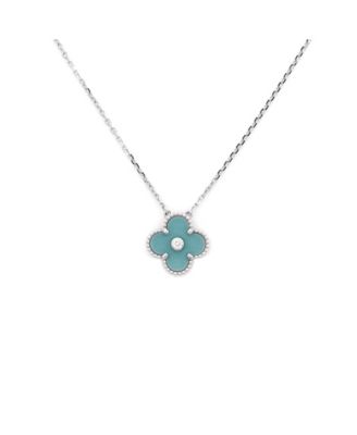  Vintage Alhambra Pendant Necklace 18K White Gold and Green Celadon Sevres Porcelain with Diamond, 16.25"