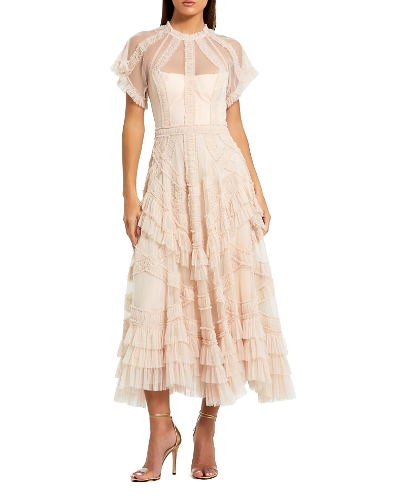 Mac Duggal Flutter Sleeve Mesh Midi Dress with Micro Ruffles