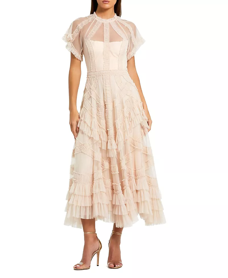 Mac Duggal Flutter Sleeve Mesh Midi Dress with Micro Ruffles