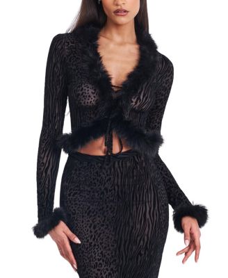  Hali Burnout Velvet Stretch Mesh Faux Fur Trim Top