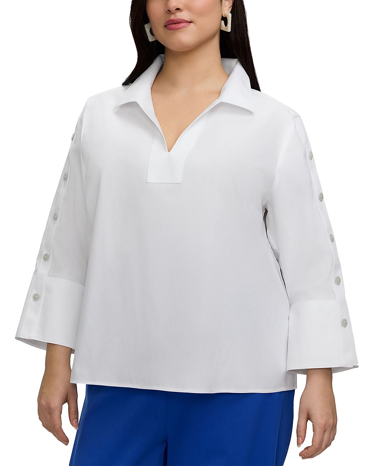 Foxcroft Plus Lainey 3/4 Sleeve Popover Blouse