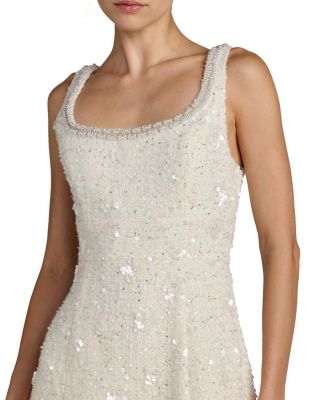 Boucle Embellished Square Neck A Line Midi Dress