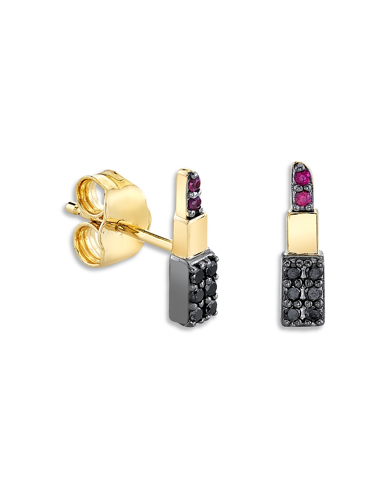 Sydney Evan 14K Yellow Gold The Terra Ruby & Black Diamond Lipstick Stud Earrings