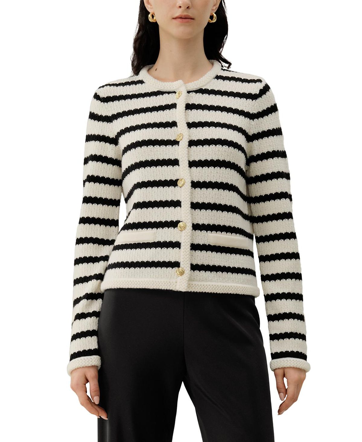 Lilysilk Stripped Crochet Washable-Wool Cardigan