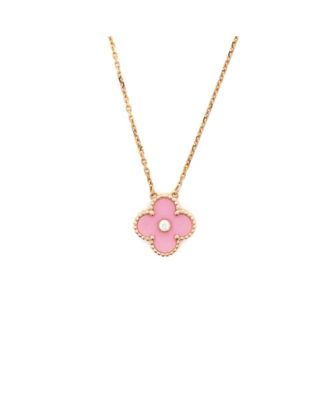 Vintage Alhambra Pendant Necklace 18K Rose Gold and Pink Sevres Porcelain with Diamond 16.25"