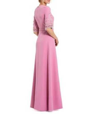  Crepe A Line Gown with Beaded 3/4 Sleeves