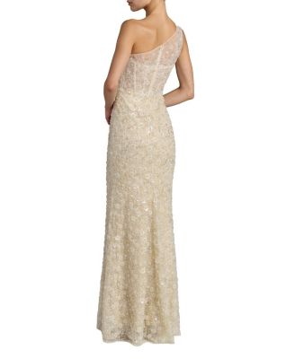 Sequin Floral Sheer One Shoulder A Line Gown