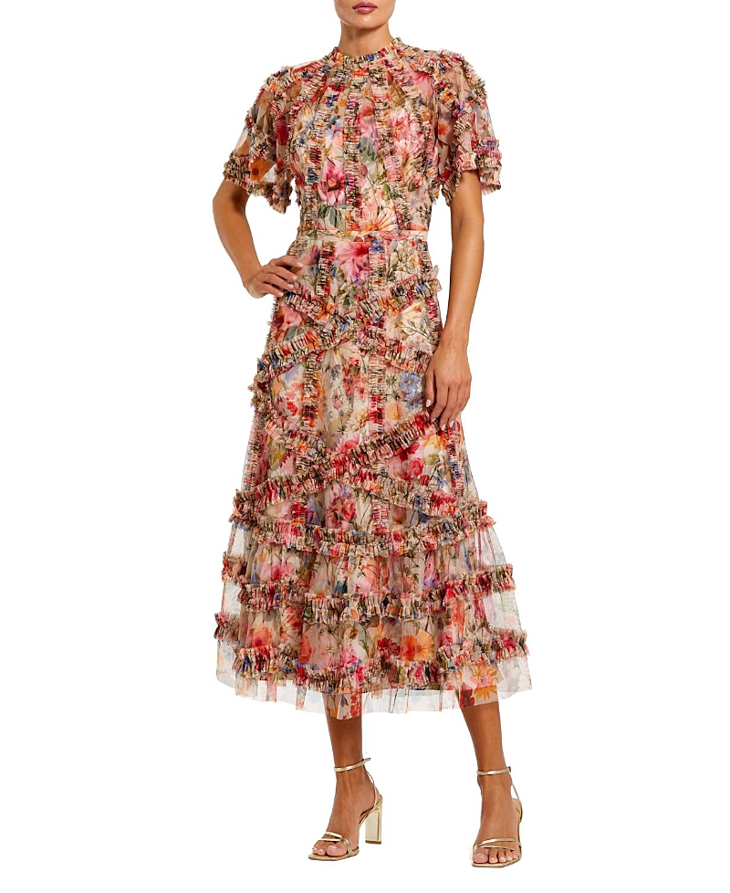 Mac Duggal Women's Floral Flutter Sleeve Mesh Print Dress