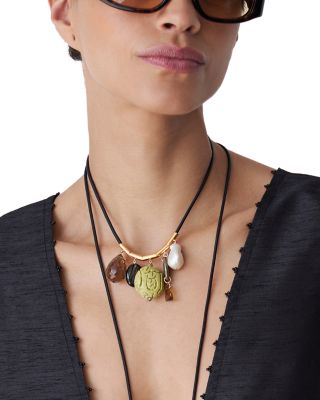 Multi Gemstone Leather Charm Necklace, 15-17"