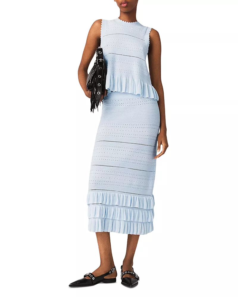 Maje Long Ruffled Knit Skirt