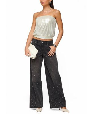  Rhinestone Washed Low Rise Baggy Jeans