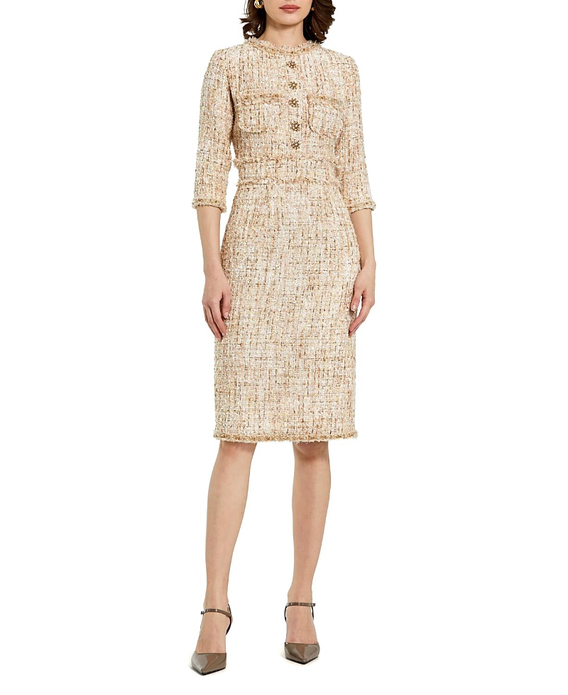 Mac Duggal Petite Beige Beaded Trim Boucle Midi Dress with 3/4 Sleeves