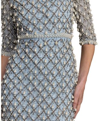  3/4 Sleeve Faux Pearl Embellished Mesh Gown