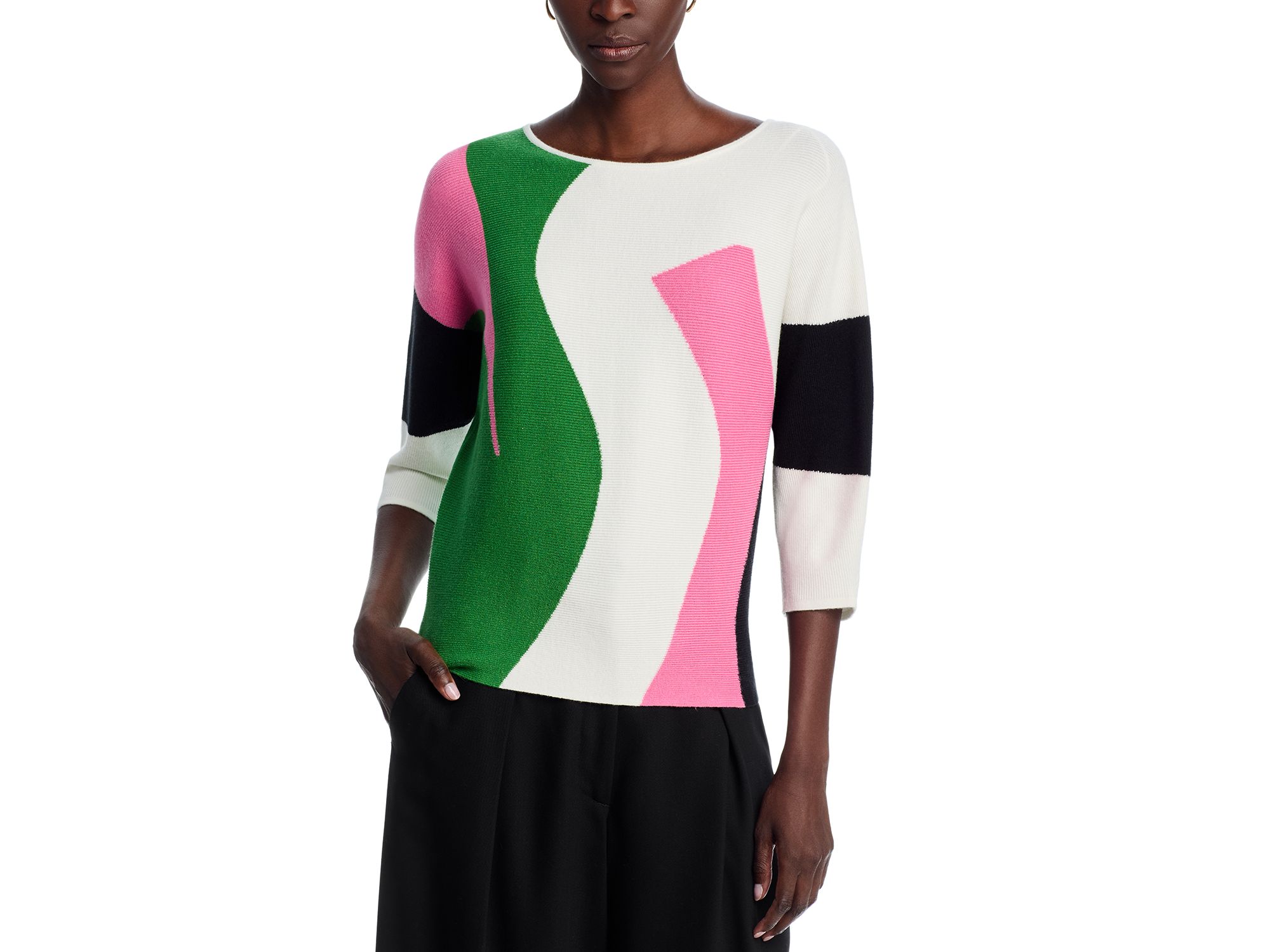 Three Quarter Dolman Sleeve Boat Neck Abstract Stained Glass Colorblock Pullover Sweater - Image 1