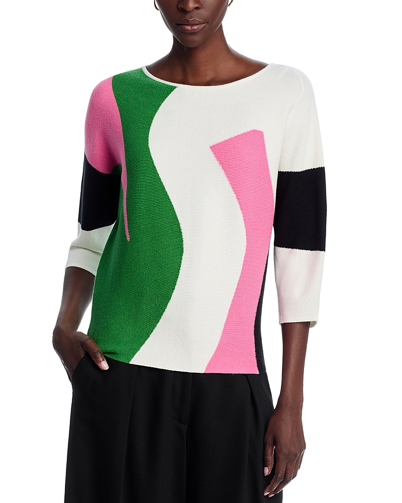 T Tahari Three Quarter Dolman Sleeve Boat Neck Abstract Stained Glass Colorblock Pullover Sweater