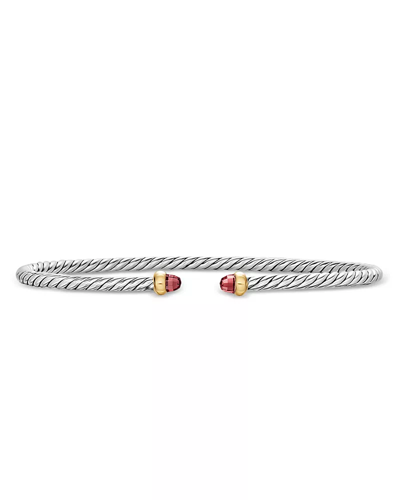 Micro Cable Flex Bracelet in Sterling Silver with 14K Yellow Gold and Rhodolite Garnet